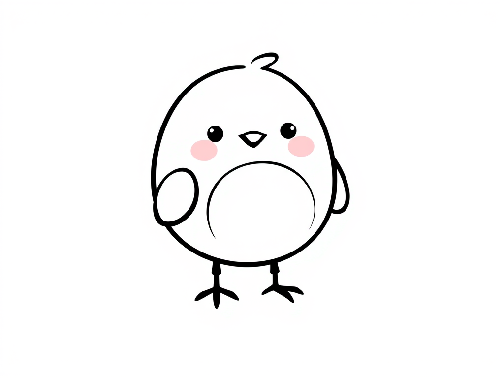 Cute cartoon bird with a round body and small feet, simplistic black outline, cheerful expression, standing on a textured white background.