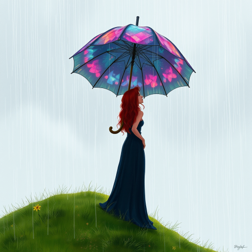 A surreal hand-drawn digital artwork depicting a mysterious red-haired woman standing on a grassy hill under the rain. She holds an umbrella crafted from iridescent zircon, its vibrant sheen contrasting with the soft, rainy atmosphere. The scene feels dreamlike, blending the natural elements of the hill and rain with the otherworldly shimmer of the umbrella.