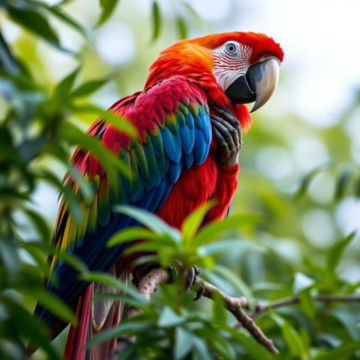 A vibrant scarlet macaw perched on a tree branch, grooming its feathers amidst green foliage, captured with a DSLR camera, 50mm lens, aperture f/2.8, ISO 200, 1/250 sec, natural light, shallow depth of field for a blurred background.