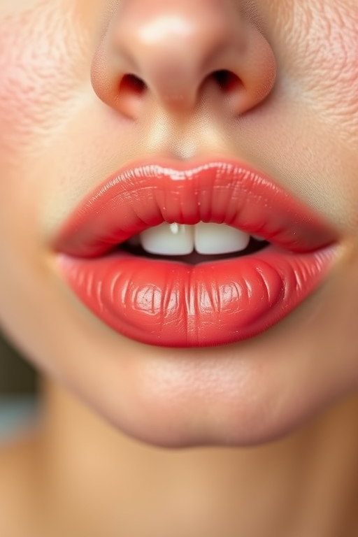 Sheer strawberry-tinted lips with a natural, dewy finish, enhancing the lips' natural color for a subtle, fresh-faced glow