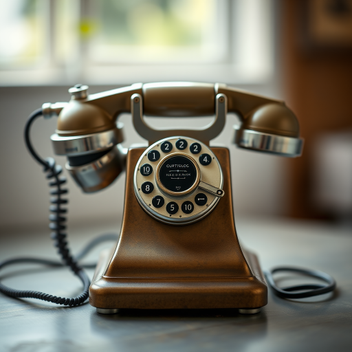 Generate a high-resolution image of a vintage telephone, center-framed, with a shallow depth of field, using a DSLR camera at 50mm focal length, f/1.8 aperture, ISO 100, and natural soft lighting.