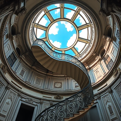 Regenerate an image of a grand spiral staircase in an ornate room with detailed carvings and a large circular window showcasing a blue sky with clouds, captured with a Canon EOS R5, 24mm lens, f/2.8 aperture, ISO 100, natural lighting with a soft focus effect.