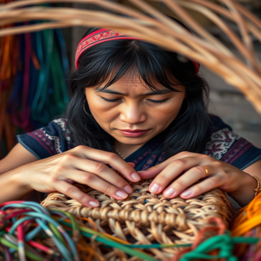 Close-up of a woman’s hands weaving a traditional basket, with colorful materials surrounding her, and soft light illuminating her focused expression, showcasing craftsmanship and skill.