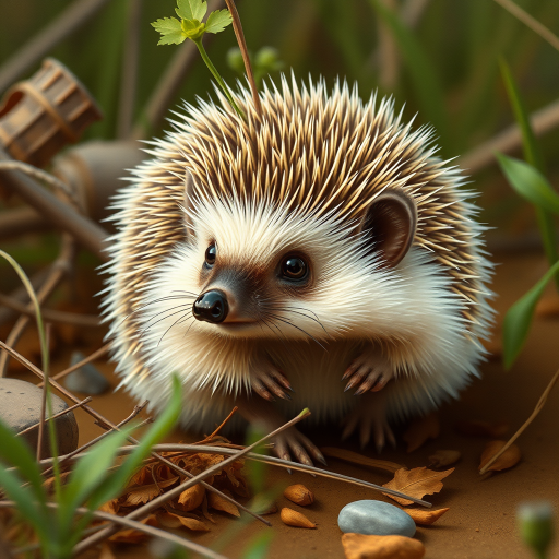 Create a detailed illustration of a hedgehog in a natural setting, using a DSLR camera with a 50mm lens at f/2.8, ISO 100, and a shutter speed of 1/125s, focusing on the textures of its fur and the environment.