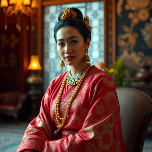 A beautiful Aboriginal Australian woman in traditional East Asian attire, intricately detailed with embroidered patterns, sitting gracefully in a richly decorated room, soft ambient lighting, serene and elegant, ultra-realistic, 8K resolution