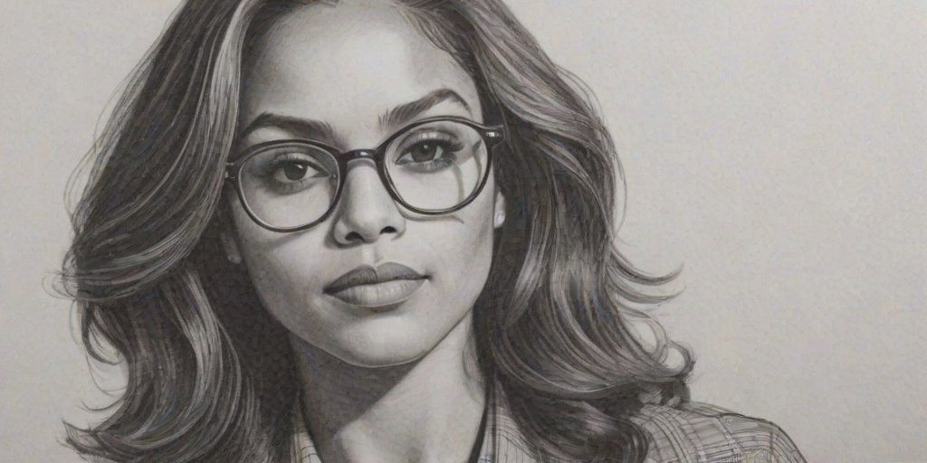 Superb Monica Raymund, pencil sketch, portrait of Gorgeous woman 1971s in glasses, hair style beatnik, outline, clear lines, fine lines, 8k
