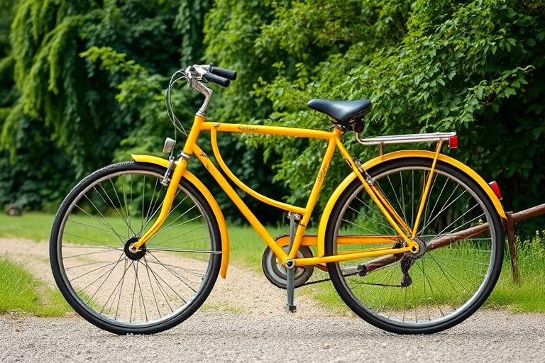 vintage bicycle with a unique design, yellow color, parked on a gravel path with lush green foliage in the background