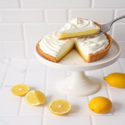 A lemon meringue pie on a white cake stand with a slice being served a few pieces of lemon around the pie the background is a simple white tile pattern