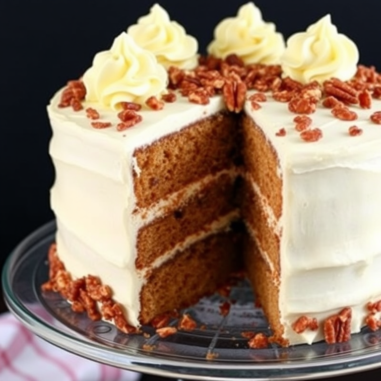 A delicious layered cake with cream frosting topped with chopped pecans and decorative dollops of frosting, showcasing a slice taken out revealing the moist interior, displayed on a glass cake stand with a dark background.