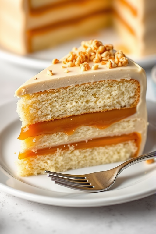 A slice of layered cake on a white plate with a fork beside it featuring alternating layers of fluffy vanilla cake and creamy caramel filling topped with a smooth frosting and sprinkled with crushed nuts in a soft, blurred background.