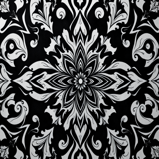 create a highly detailed black and white floral pattern with intricate swirls and geometric shapes, shot with a DSLR camera at f/8, ISO 100, 50mm lens, top-down view, high resolution, flat lay style