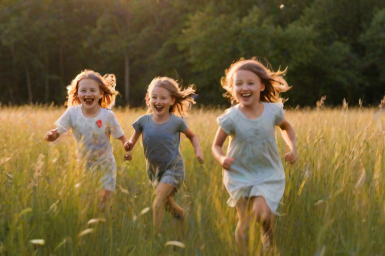 Blurry candid shot of a group of children running through a field of tall grass, their laughter barely audible, with soft evening light casting long shadows and wildflowers swaying in the breeze.