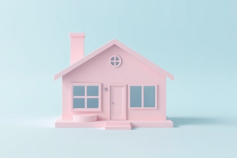 A minimalistic 3D model of a pink house with a chimney, large windows, and a door, set against a soft blue background, captured using a DSLR camera, focal length 50mm, aperture f/1.8, ISO 100, soft lighting, and a slightly elevated angle to enhance depth.