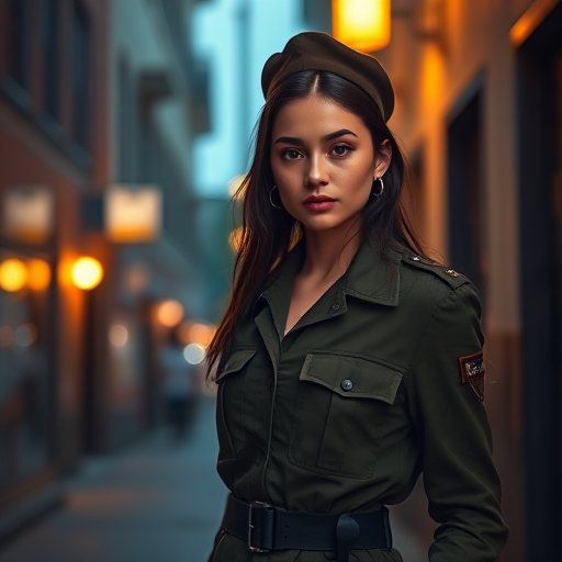generate a high-resolution image of a young woman in a stylish military outfit standing in a dimly lit alley at dusk, capturing the warm glow of street lights, with a shallow depth of field, using a full-frame camera at f/1.8, ISO 200, and shutter speed of 1/125s, shot in portrait mode to emphasize her expression and the atmospheric background with soft bokeh effects.