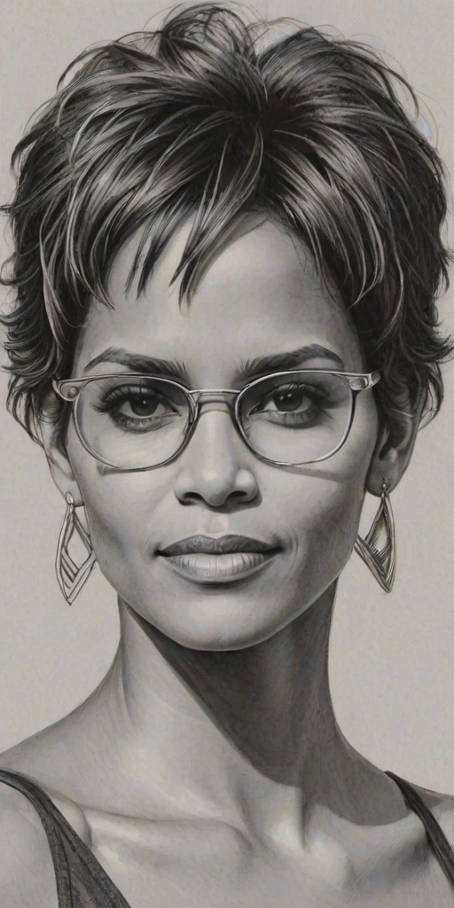 Appealing Halle Berry, pencil sketch, portrait of Sublime woman 1973s in glasses, hair style beatnik, outline, clear lines, fine lines, 8k