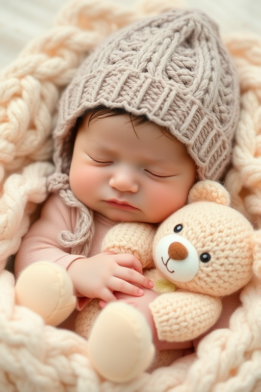 Create a high-resolution image of a sleeping baby wearing a cozy knitted hat, holding a plush teddy bear, surrounded by soft textures and gentle pastel colors, shot with a DSLR camera at f/1.8 aperture, 50mm lens, using natural light for a soft, dreamy effect.