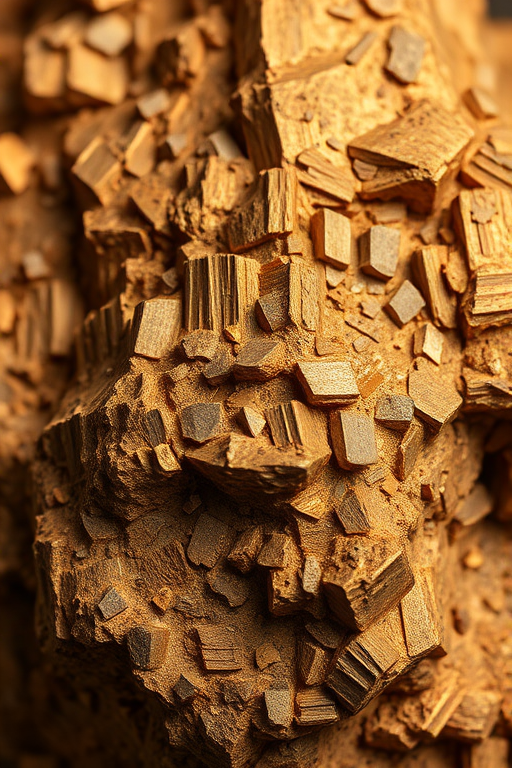 Create a high-resolution digital illustration of a textured, multi-faceted mineral rock, emphasizing its golden and brown hues with intricate details, using a DSLR camera with a 50mm lens, f/8 aperture, ISO 100, and a shallow depth of field to enhance clarity and focus on the rock's surface.