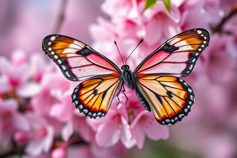 close-up of a butterfly on blooming cherry blossoms with a soft-focus background, Canon EOS 5D Mark IV, 85mm lens, f/2.8, ISO 200, natural light, macro photography