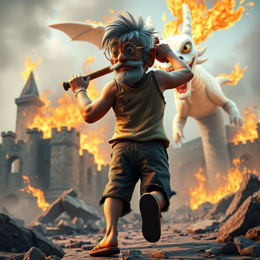 Cartoon 3D High-Resolution,dynamic battle scene using Unreal Engine 5 and Octane Render. The scene features back of an elderly, thai man with a beard,messy hair and round golden-rimmed glasses. He is wearing a tattered tank top with soot marks, shorts, and sandals. sweating. he wields a baseball bat. He jump to fight with a white fire-breathing Europe dragon amidst a partially destroyed stone castle. Include intense flames, smoke, and debris to enhance the dramatic effect.