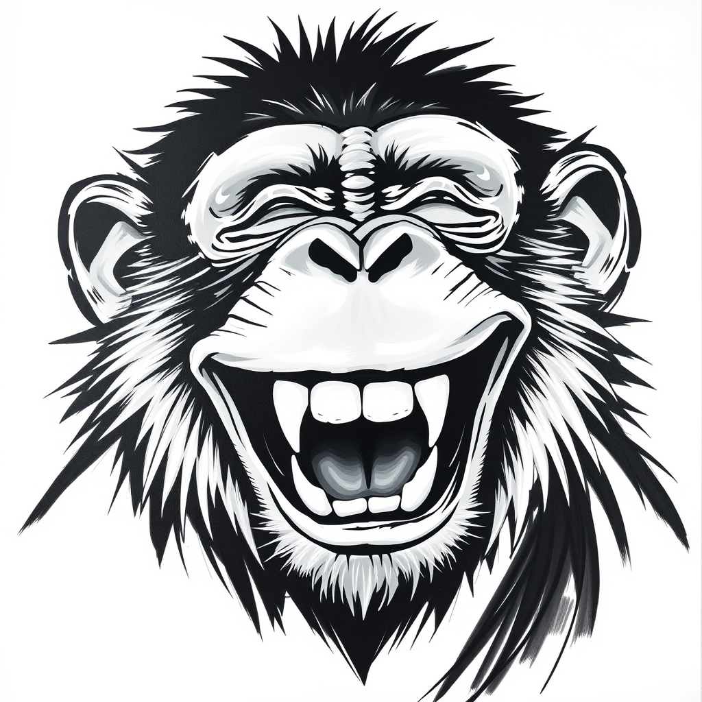 Abstract black and white acrylic portrait of an over exaggerated laughing (monkey). Minimalism style. White background.