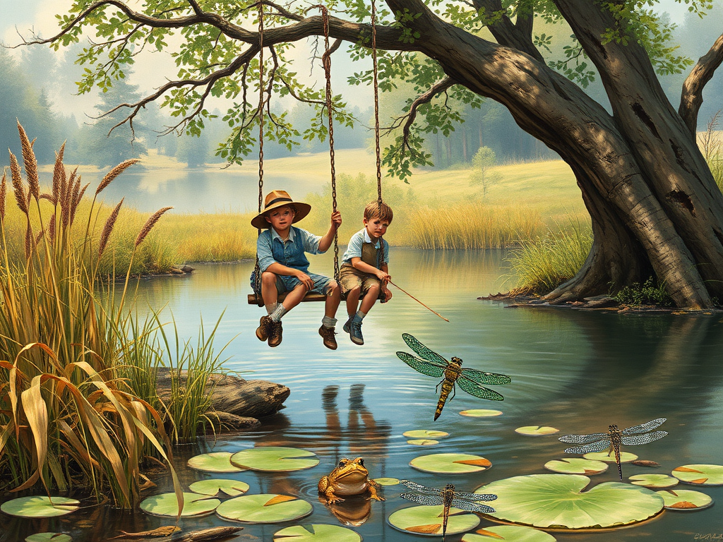 Imagine a small group of old fashioned young boys out fishing by the creek, a swing hanging from a tree branch, reeds and grasses by the water's edge, a frog sitting on a lily pad, dragonflies hovering over som water plans, a very iconic old fashioned scene reminiscent of a Norman Rockwell painting style