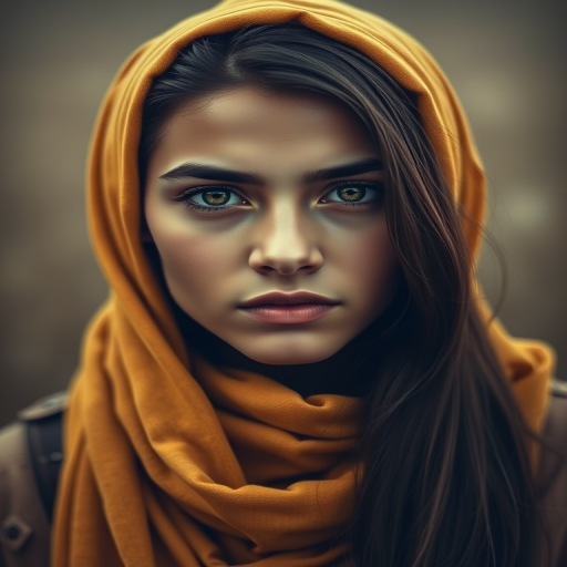 Create a portrait of a young Turkish male with long, dark hair and captivating hazel eyes. She is wearing a Yellow headscarf and a matching scarf draped gracefully around her neck. The background is softly blurred, focusing attention on her serene and natural expression. The overall color palette is muted and warm, enhancing the intimate and authentic feel of the portrait.