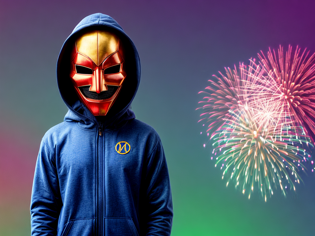 Hoodied Anonymous mask man with a colorful fireworks background