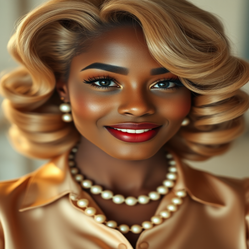 A beautiful Afro-Caribbean woman reminiscent of 1950s Hollywood glamour, with perfectly styled blonde hair and a seductive smile, dressed in a satin blouse and adorned with pearls, soft and warm tones, photorealistic, 8K