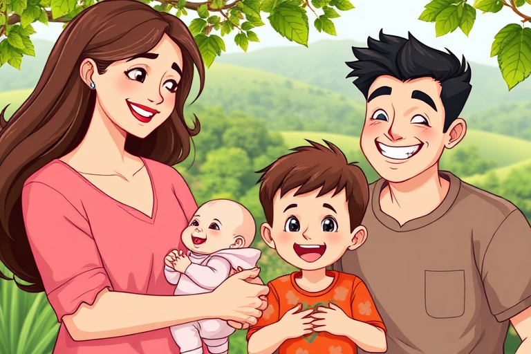 A wholesome family scene with a mother holding a smiling baby, a young boy beside her, and a smiling man, surrounded by lush greenery and hills in the background; camera type: DSLR, camera style: cartoon illustration, camera settings: f/8 aperture, 1/200 sec shutter speed, ISO 100, wide-angle lens.