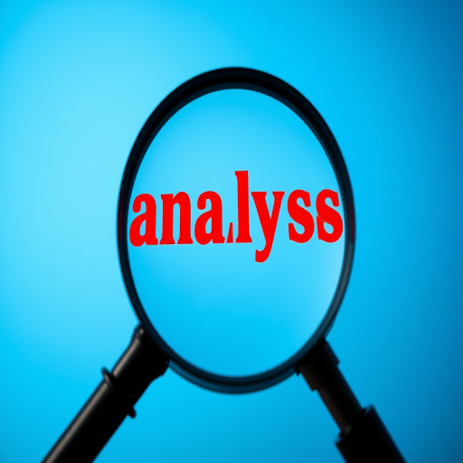 create a high-resolution image of a magnifying glass focusing on the word "analysis" in bold red text against a smooth gradient background of blue to teal, captured with a Canon EOS R5 at f/2.8, 1/125 sec, ISO 100, using a macro lens for detailed close-up, with soft lighting to enhance depth and clarity