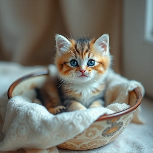 Cute fluffy kitten sitting in a soft blanket inside a decorative bowl, soft natural lighting, 50mm lens, f/1.8 aperture, ISO 200, shallow depth of field, HDR photography, high-resolution digital camera.