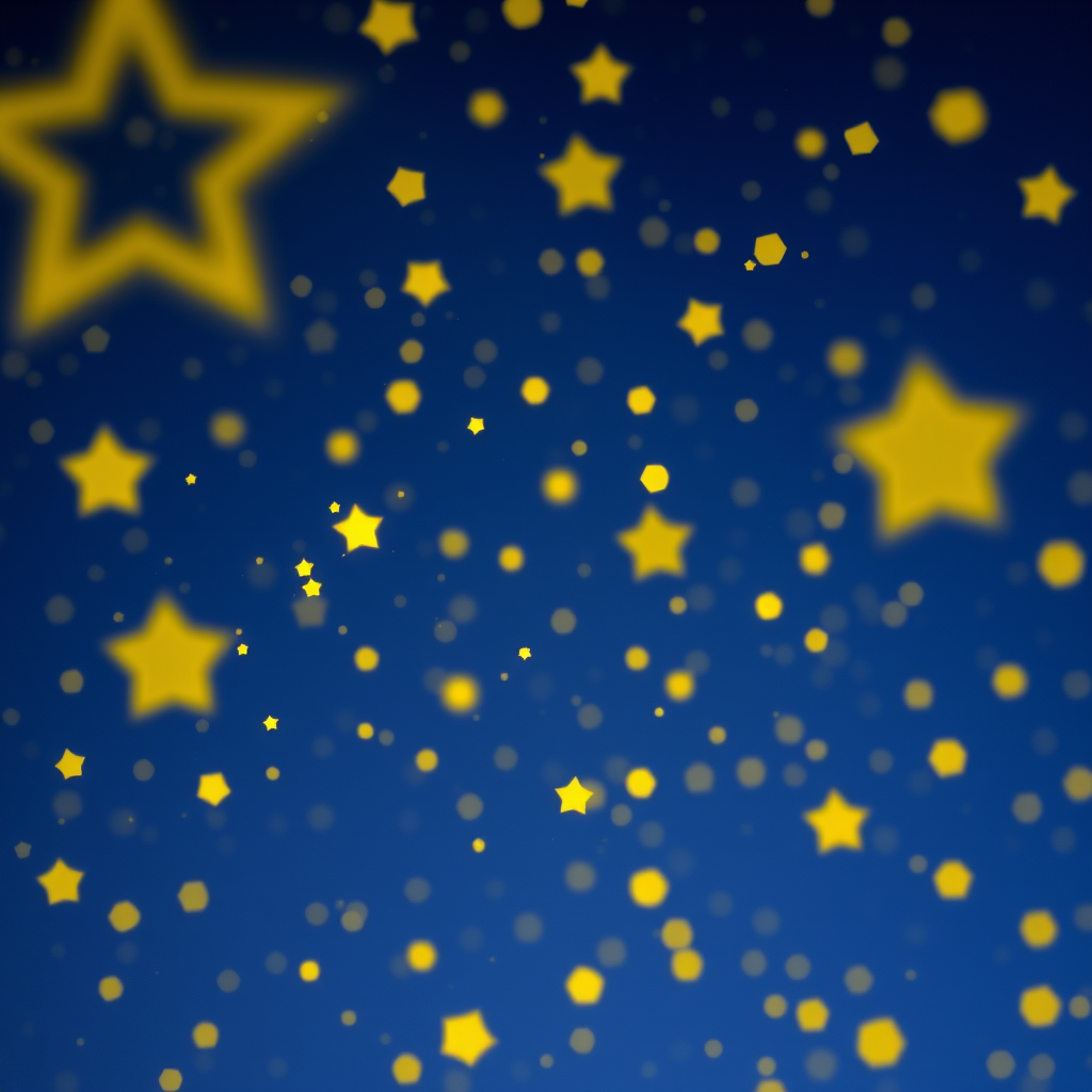 Generate a digital artwork of a night sky filled with yellow stars of varying sizes on a deep blue background, capturing the essence of a serene celestial landscape with a soft glow effect, using a DSLR camera, f/2.8 aperture, ISO 100, 50mm lens, and a long exposure setting to enhance the brightness and detail of the stars.