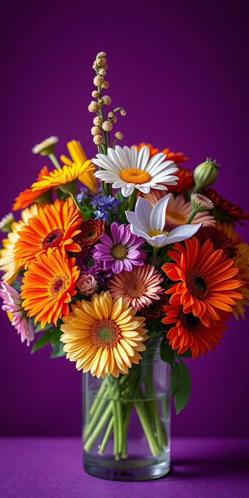 A vibrant bouquet of assorted flowers in a clear glass vase, set against a rich purple background, photographed with a DSLR camera at f/2.8, ISO 100, 50mm lens, natural lighting, and a shallow depth of field for a soft bokeh effect.