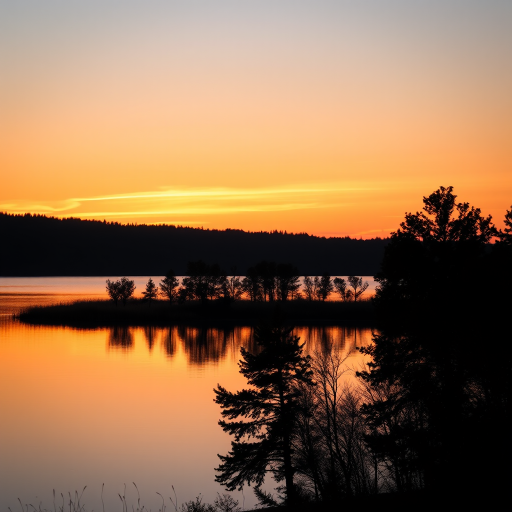 Generate a high-resolution image of a serene sunset over a calm lake with silhouettes of trees in the foreground, captured with a Canon EOS R5 using a 24-70mm f/2.8 lens at f/8, ISO 100, 1/100 sec, in landscape orientation, with warm color tones and smooth reflections.
