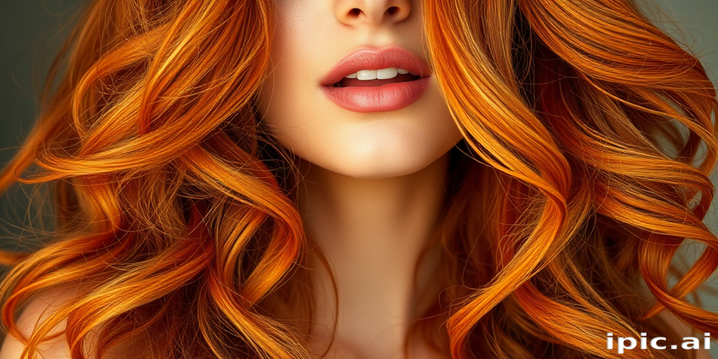 Radiant close-up of a woman with Sunburst Copper tresses, a rich orange-red hue with golden highlights, styled in voluminous vintage waves