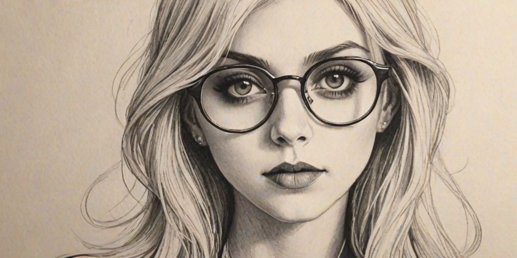 Magnificent Taylor Momsen, pencil sketch, portrait of Resplendent woman 1920s in glasses, hair style beatnik, outline, clear lines, fine lines, 8k
