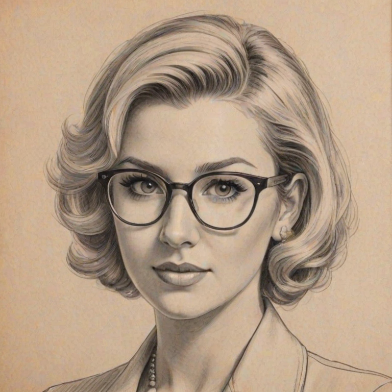 Ravishing Savannah Chrisley, pencil sketch, portrait of Splendid woman 1938s in glasses, hair style beatnik, outline, clear lines, fine lines, 8k