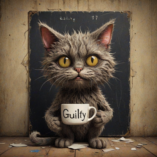A comical cartoon-like scruffy cat, battered, dirty, with a mug shot and 'guilty' written on the board, in a whimsical and surreal art style with dark fantasy themes, dramatic lighting effects, minimalist and abstract touches, hyper-realistic details, textured backgrounds, vintage aesthetics, playful and exaggerated characters, gothic aesthetics, intricate designs, detailed patterns, and artistic composition