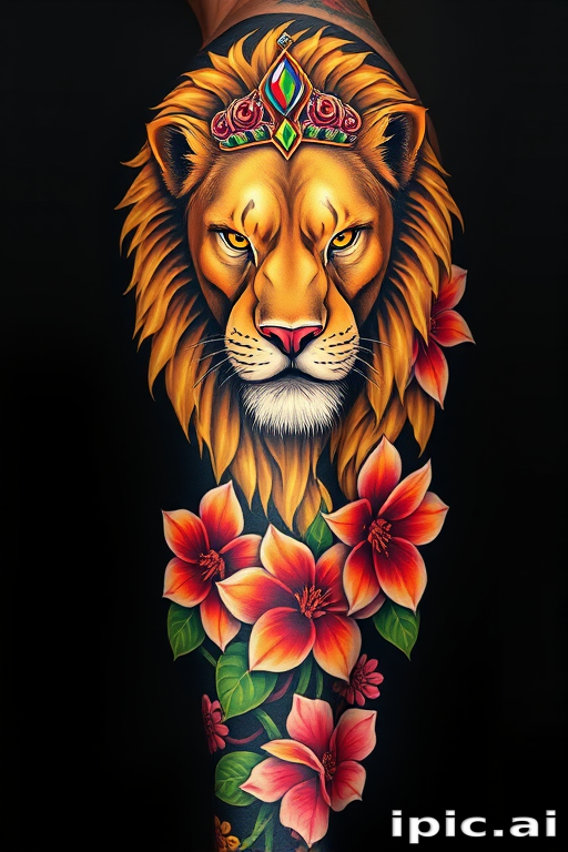 Neo-traditional full sleeve tattoo depicting a fierce lion with a majestic mane, adorned with jewels and surrounded by lush tropical flowers in bold, saturated colors