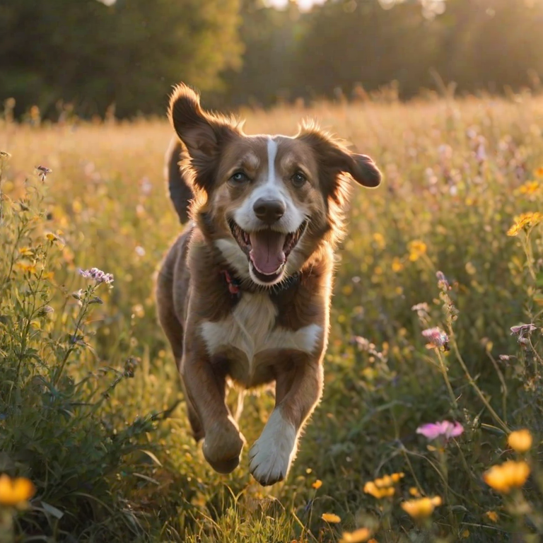 Blurry action shot of a dog joyfully running through a field, tongue out, with wildflowers surrounding it and soft sunlight casting a golden glow over the scene.
