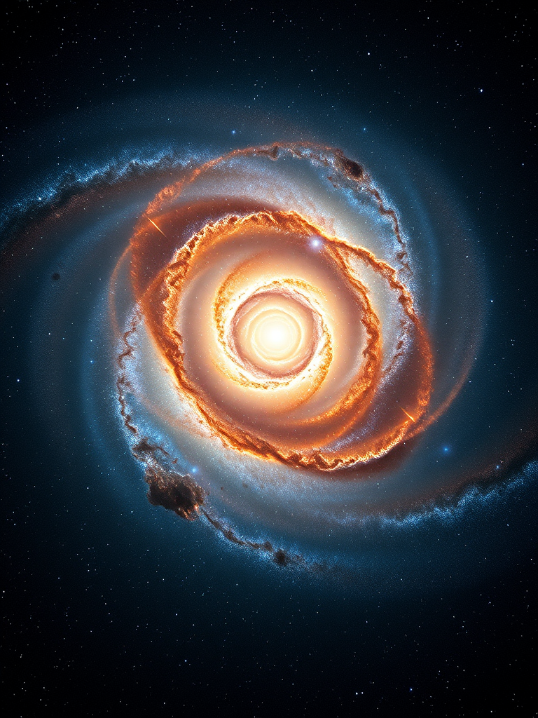 Create a high-resolution image of a spiral galaxy with a bright central core and prominent spiral arms, capturing vibrant colors and intricate details, using a Canon EOS R5, 24mm lens, f/2.8 aperture, ISO 1600, 30-second exposure, astrophotography style, and a wide-angle view.