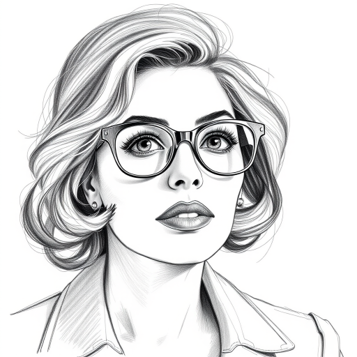 Beautiful Sophia Loren, pencil sketch, portrait of beautiful woman 60s in glasses, hair style beatnik, outline, clear lines, fine lines, 8k