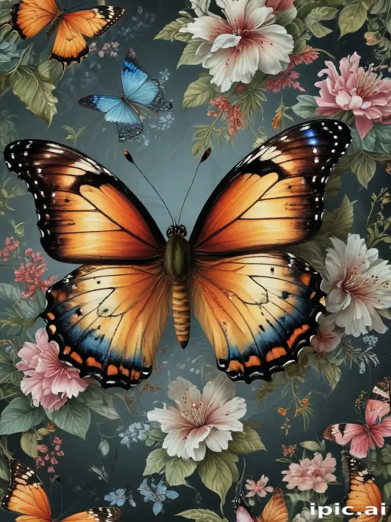 Colorful Butterfly Surrounded by Vibrant Flowers Against a Dark Background