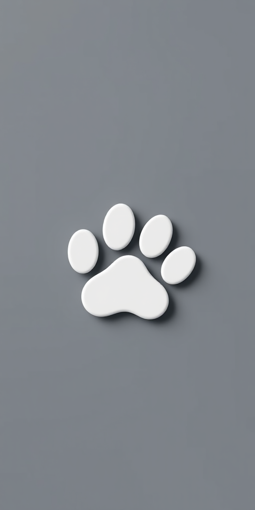 Create a high-resolution image of a stylized paw print logo on a smooth gray background, using a DSLR camera with a 50mm lens, f/2.8 aperture, ISO 100, and a center-focus view, in a minimalistic design style.