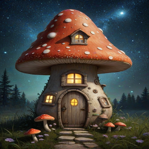 this photo is illustration of a mushroom house with a door and a window, a storybook , fantasy art, mushroom house, bg starry sky, sparkles