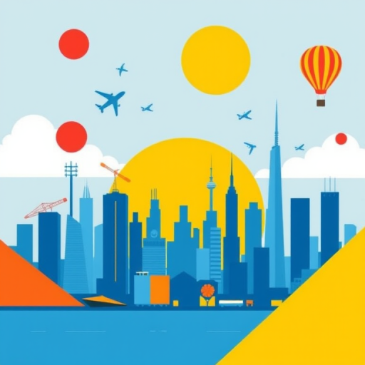 Create a minimalist illustration of a city skyline with geometric shapes in blue, yellow, and red, incorporating various transport and communication elements like airplanes, satellites, and hot air balloons, captured with a DSLR camera at f/8 aperture, 50mm lens, and a bright afternoon light to enhance clarity and contrast.