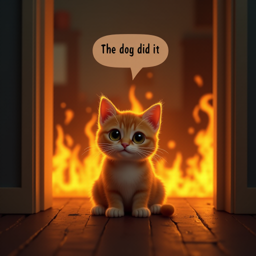 Photorealistic image of an innocent-looking cat sitting calmly in the middle of a burning room. Flames engulf the room, with fire licking up the walls and smoke filling the air. The cat is sitting on the floor, looking directly at the viewer with wide, innocent eyes. Above the cat, a speech bubble says "The dog did it". The contrast between the cat's calm demeanor and the chaos around it creates a humorous and surreal scene.