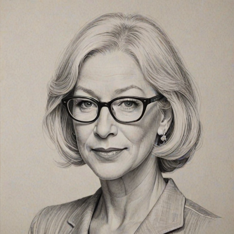 Wonderful Helen Mirren, pencil sketch, portrait of Captivating woman 1931s in glasses, hair style beatnik, outline, clear lines, fine lines, 8k