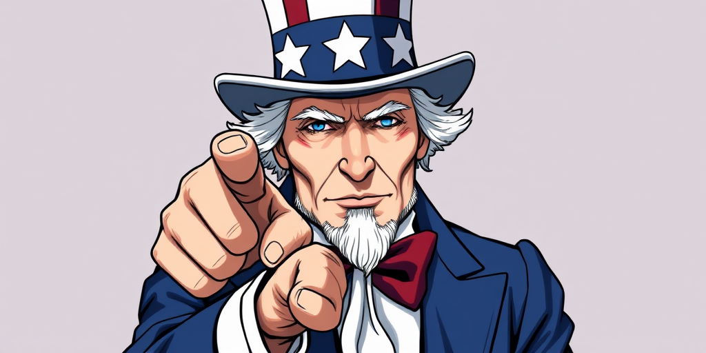 Create an illustration of a character resembling Uncle Sam with a blue coat, white shirt, and iconic top hat, pointing directly at the viewer, using a high-resolution digital drawing style; camera settings: ISO 100, aperture f/8, shutter speed 1/250s; camera view: frontal close-up; camera type: digital tablet illustration.