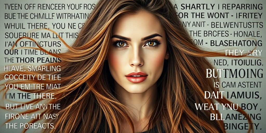 Create an artistic portrait of a woman with long flowing hair, surrounded by motivational words and phrases, shot with a Canon EOS R5, 50mm lens, f/1.8 aperture, ISO 100, in natural light to enhance details and contrast.